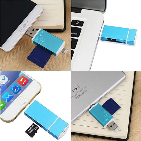 AussieSuperStore Homeware Supplies SD TF Card Reader with Lightning Micro USB Connector External Storage Memory Expansion Card Reader Lightning Micro USB Connector External Storage Memory CBIDRAGON008